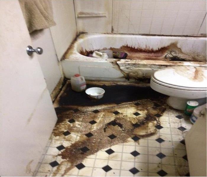 There is blood all over the bathtub, toilet, and tile flooring in the bathroom