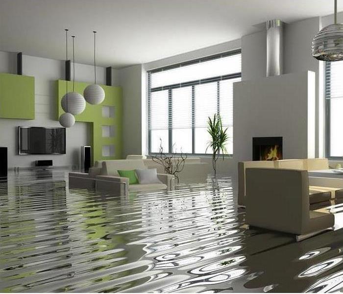 The living room consists of contemporary furniture and this area is affected by approximately 4 feet of standing water.