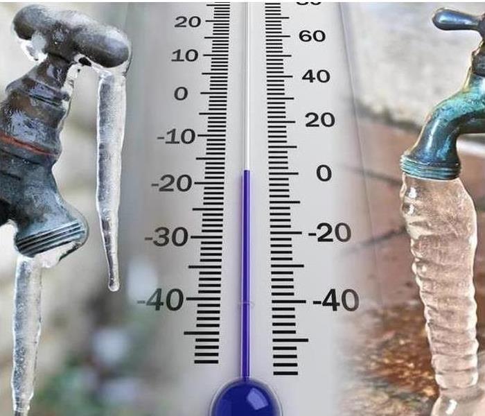 There are two pipes with frozen water coming from them when turned on and a thermometer shows the temperature as zero degrees